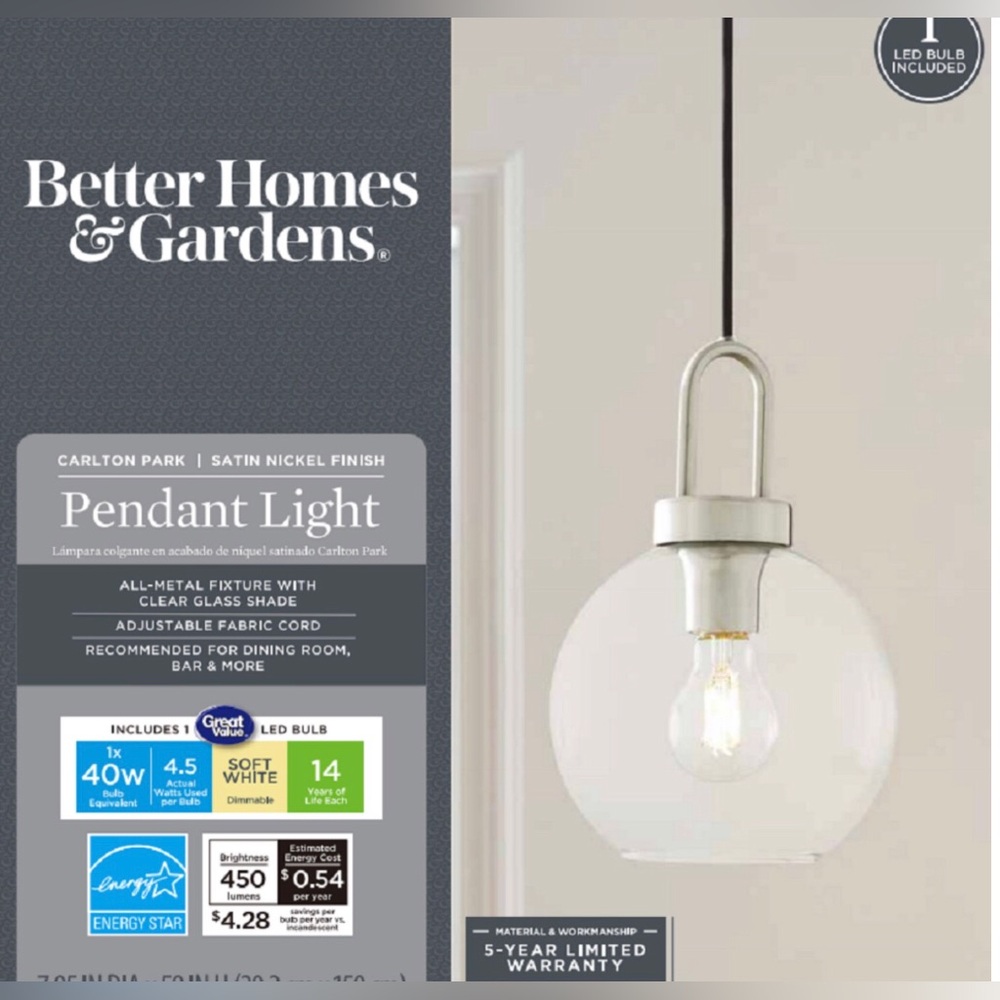 Better Homes &‎ Gardens 59” Nickel Pendant Glass Shade Ceiling LED Light new